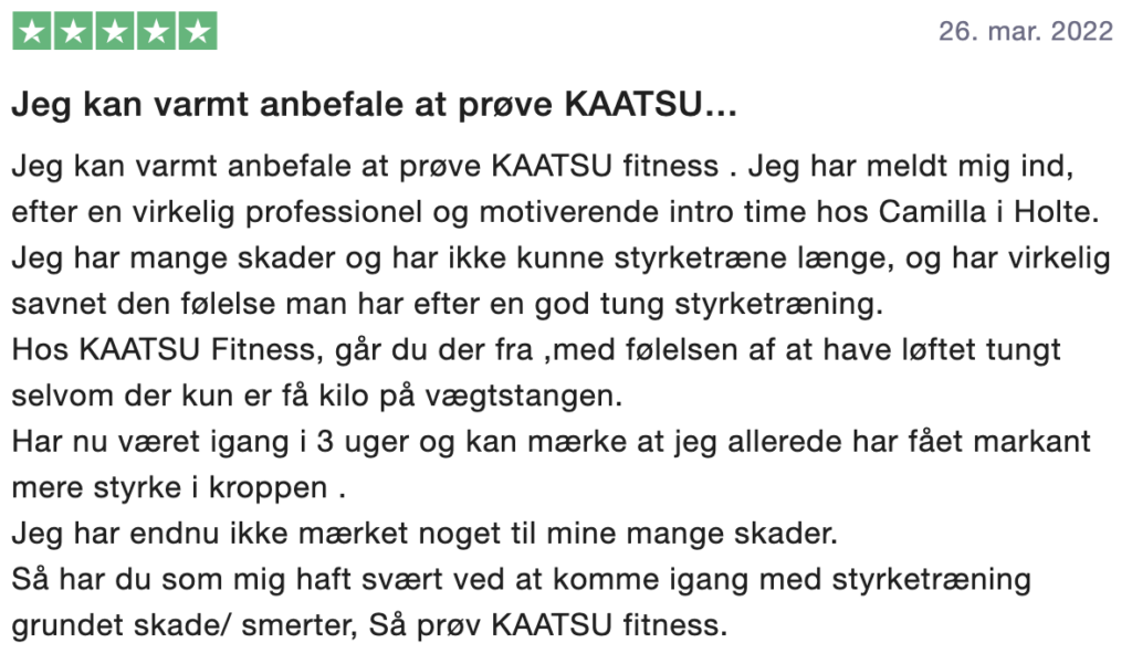5-stjernet trustpilot anmeldelse af Kaatsu fitness
